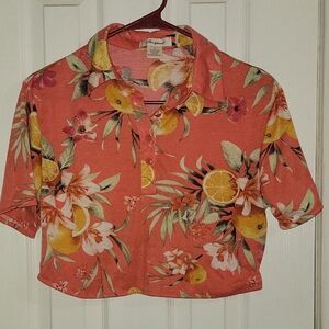 Tropical Escape Cropped Button Down Shirt with Notched Collar